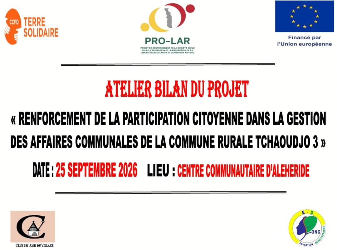 ALEHERIDE – ATELIER BILAN DU PROJET DE « RENFORCEMENT DE LA PARTICIPATION CITOYENNE DANS LA GESTION DES AFFAIRES COMMUNALES DE LA COMMUNE TCHAOUDJO 3 »